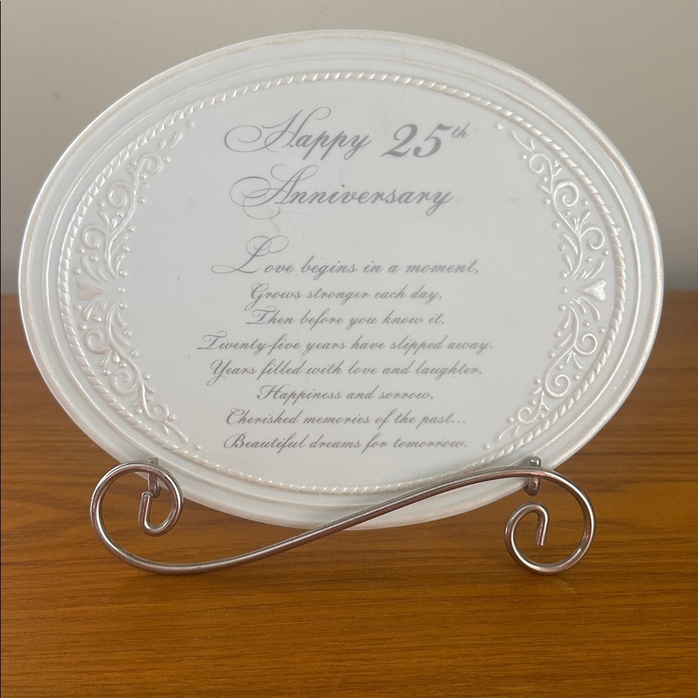 Elegant 25th Anniversary Plaque with Stand. White With Silver Writing. 7x5.5”